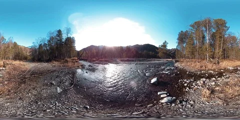 360 VR virtual reality of a wild mountains, pine forest and river flows Stock Footage 128720268