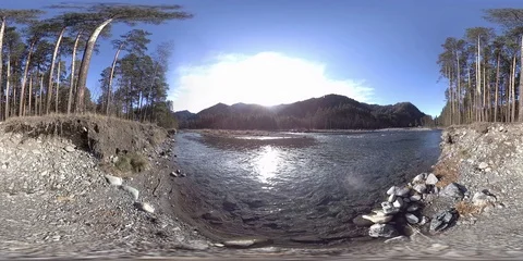 360 VR virtual reality of a wild mountains, pine forest and river flows Stock Footage 128720491