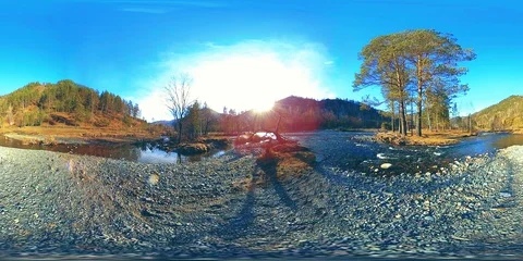 360 VR virtual reality of a wild mountains, pine forest and river flows Stock Footage 128720863