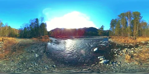 360 VR virtual reality of a wild mountains, pine forest and river flows Stock Footage 132834002
