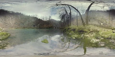 360VR, 360 video. Small mountain alpine lake with the old bridge. Nature, Travel Stock Footage 63804632