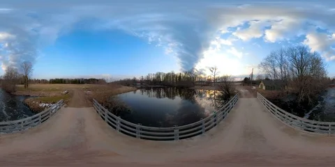 360VR 360 VR View of the concrete bridge on the river in the countyside Stock Footage 92497679