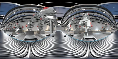 360VR 3D Printer assembling on a conveyor belt by automatic robotic arms. 6K 스톡 동영상 133105611