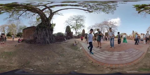360VR Buddha head embedded in a Banyan tree in Ayutthaya Stock Footage 94351865