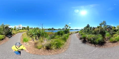 360VR Hamilton Lake - Tree-Lined Lakeside Path, Hamilton, New Zealand Video stock 334533855
