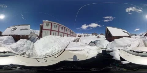 360VR jeep driving through a winter resort, shooting from the roof of a car Stock Footage 167615502