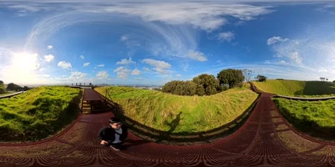 360VR Mt Eden Volcanic Cone - Green Crater Hillside Walk, Auckland NZ Stock Footage 332759587