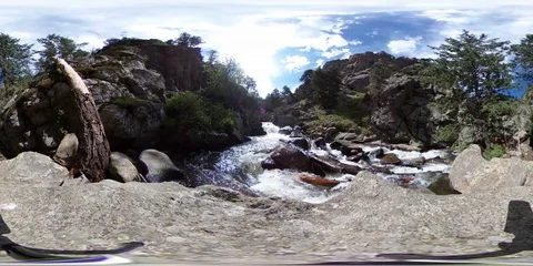 360VR River Flowing through Rocky Forest Canyon 3 Stock Footage 90923276