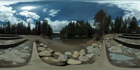 360VR secluded lakeside beach park 5760x2880 45 seconds Stock Footage 109518355