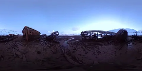 360VR Ship Cemetry during low tide in Teriberka, Russia Видео 91358137