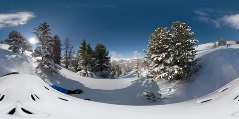 360VR skiing video skier skiing off piste Stock Footage