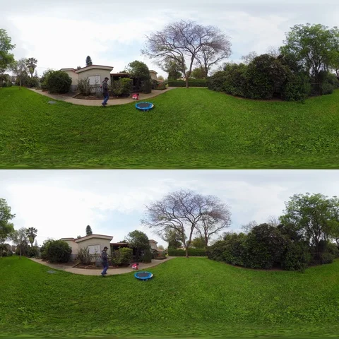 360VR Stereoscopic Man Jumping on a small Trampoline Stock Footage 105510079