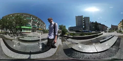 360Vr Video Backpacker Walking Along Fountain Tourist is Moving Around Stock Footage 64085268
