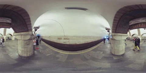 360VR Video Blue train arrives at Zoloti Vorota metro station in Kyiv Stock Footage 202015651