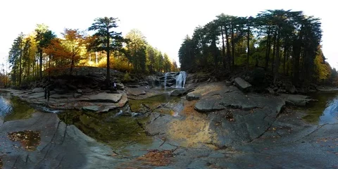 360VR video of a forest with a stream and a waterfall on a sunny day - hikers Stock Footage 109618086