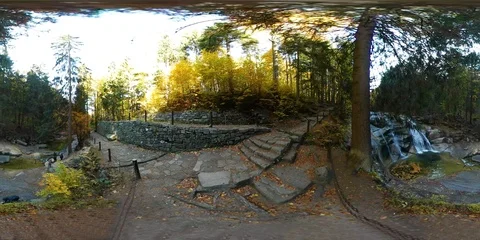 360VR video of a forest with a stream and a waterfall on a sunny day - hikers Stock Footage 109618356