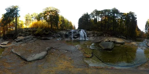 360VR video of a forest with a stream and a waterfall on a sunny day Stock Footage 109618589