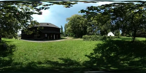 360Vr Video Man Approaching to Camera Cottage Old Village Rustic House Built by Stock Footage 64761171