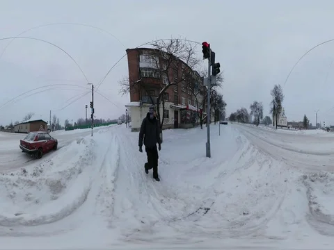 360Vr Video Man With Camera Filming Cityscape Small Provincial City Konotop Stock Footage 71410654