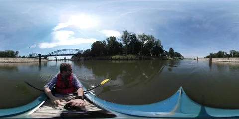 360Vr Video Man Kayaking by River Toward Bridge Sunny Summer Day Man Has Sports Stock Footage 65168600