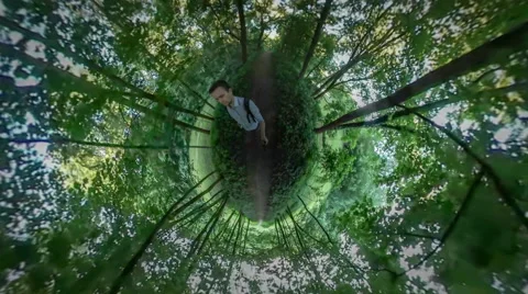 360Vr Video Man Taking Video of Himself Park Alley Green Trees Walking by Stock Footage 64558088