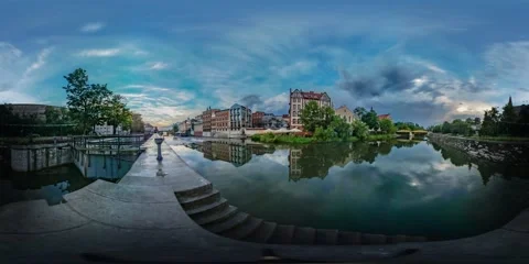 360Vr Video River Flows Between Low Buildings Waterfall in the Distance Smooth Stock Footage