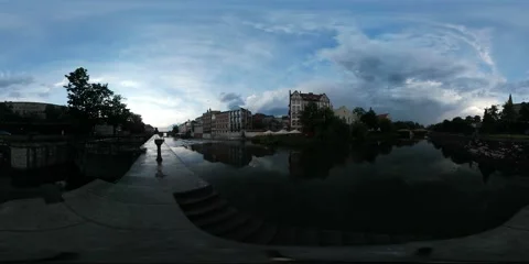 360Vr Video River Flows Old Buildings City Waterfall in the Distance Smooth Stock Footage 65167157