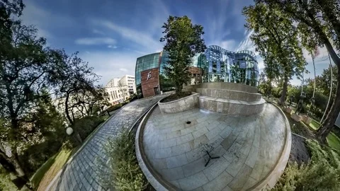 360Vr Video Sunset on Square at Philharmonia Modern Building Made of Glass Stock Footage 72037902