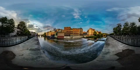 360Vr Video View on the Low Waterfall Nice City the River Flows Between Low Stock Footage 64970204