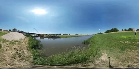 360Vr Video View on the Small Lake or Pond Low Reed at the Bank of the River Stock Footage 64084654