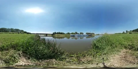 360Vr Video View on the Small River Low Reed at the Bank of the River Spherical Stock Footage 64084527