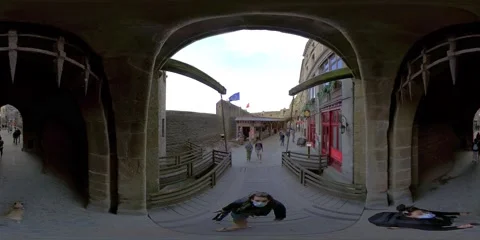 360VR Walking on Grande Rue Mont Saint Michel in Normany France in the morning Stock Footage