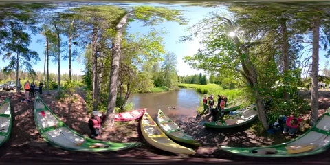 364 360 VR 360VR of Lots of colorful kayaks on the side of the lake  virtual  Stock Footage 93449966