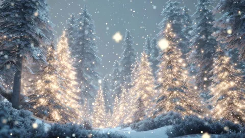 37 46 Snowy pine forest glowing with festive lights soft snowflakes e8fe8ad3 Stock Footage 318235251