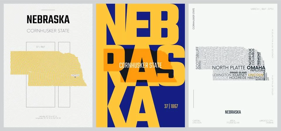 37 of 50 sets, US State Posters with name and Information in 3 Design Styles, Stock Illustration