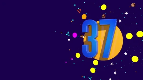 37 number on an orange circle spewing stars, circles, triangles against dark pur Stock Footage 241839322