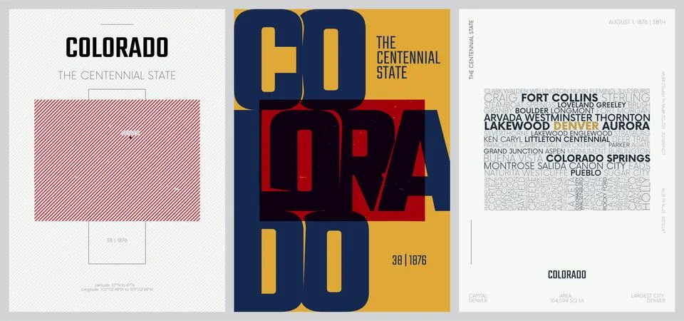 38 of 50 sets, US State Posters with name and Information in 3 Design Styles, Illustrazione stock