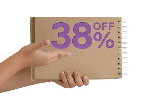 38 percent discount on isolate. Notepad from recycled paper in the hands of a Stock Photos