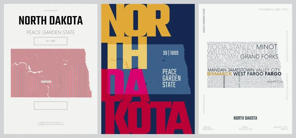 39 of 50 sets, US State Posters with name and Information in 3 Design Styles, Illustrazione stock