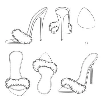 390Set of black and white illustrations with clogs, sandals with heels and fur Stock Illustration