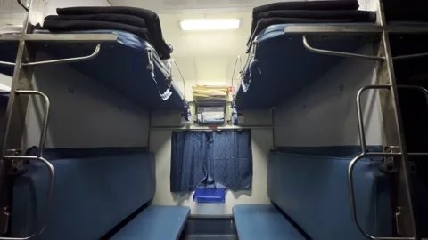 3AC 3 Tier AC Sleeper Coach Cabin in typical Indian Railways. TAMIL NADU, INDIA Stock Footage 237618733