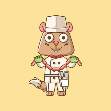 3Cute squirrel chef cook serve food animal chibi character mascot illustration Stock Illustration