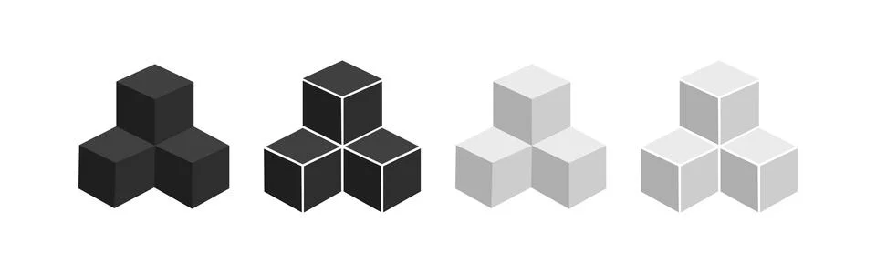 3d 3 cube icon set. Three white and black shape symbol. Sign box vector. Stock Illustration