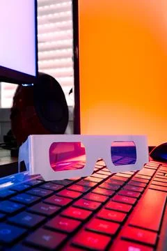 3d 360 vr headset glasses goggles on laptop computer keyboard work table desk. Stock Photos