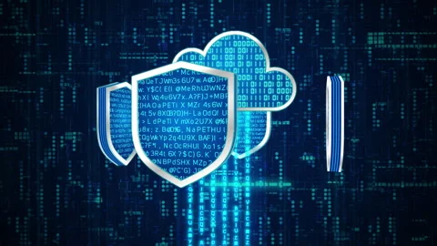 3D 4 shield with encryption data rotate around cloud system with binary code Video stock 242868848