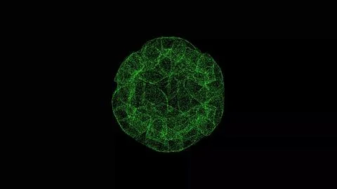3D abstract alien sphere on black background. Object consisting of green fl.. Stockillustratie