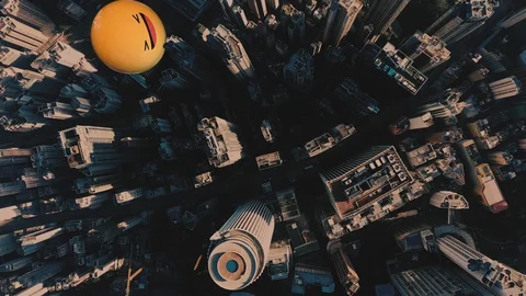 3D abstract animation of smiles icon and modern city. Communications concept. Stock Footage 128254050