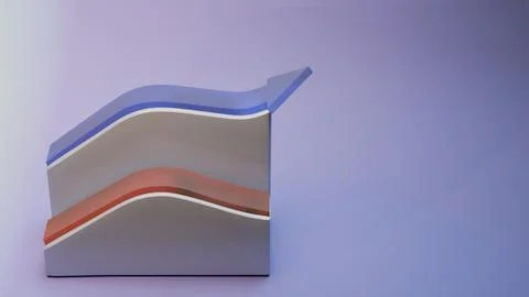 3D abstract arrow structure with layered red and blue curves on lavender ba.. Stockfoto's