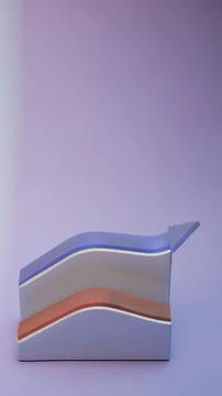 3D abstract arrow structure with layered red and blue curves on lavender ba.. 库存照片