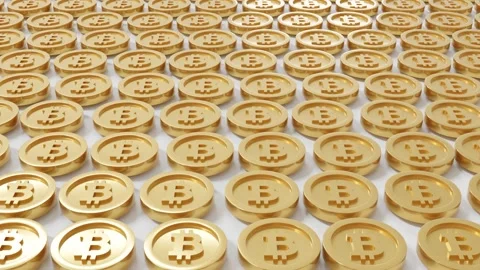 3D abstract background featuring rows of gold coins with embossed Bitcoin symbol Stock Footage 335958919